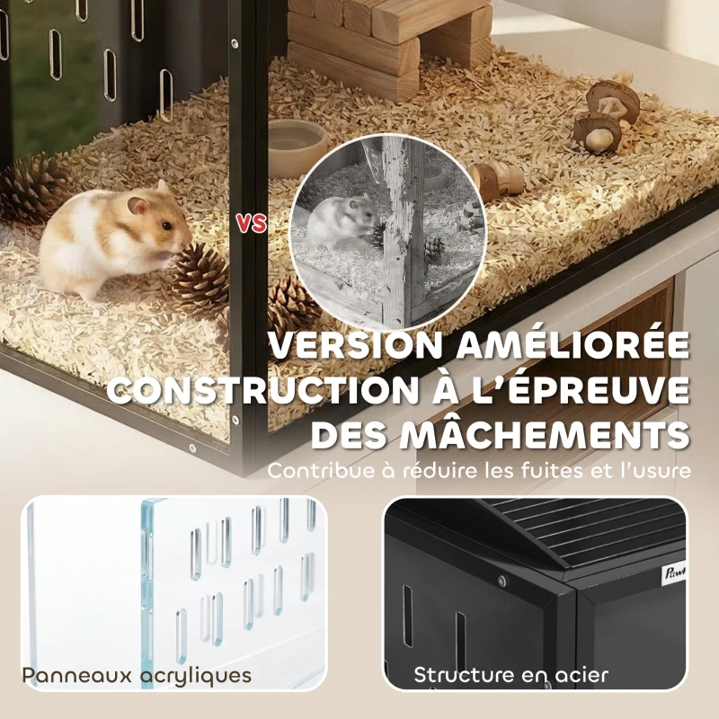 PawHut Cage à Hamster Géante Habitat pour Rongeur en Acier et Acrylique Transparent Vue Panoramique 105 x 51 x 53 cm Noir