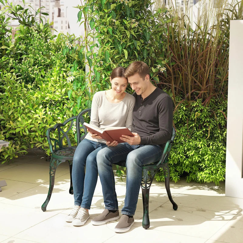 Outsunny Banc de jardin en aluminium moulé, banc extérieur 2 places avec dossier tulipe, assise florale, 99x57x78cm, vert antique