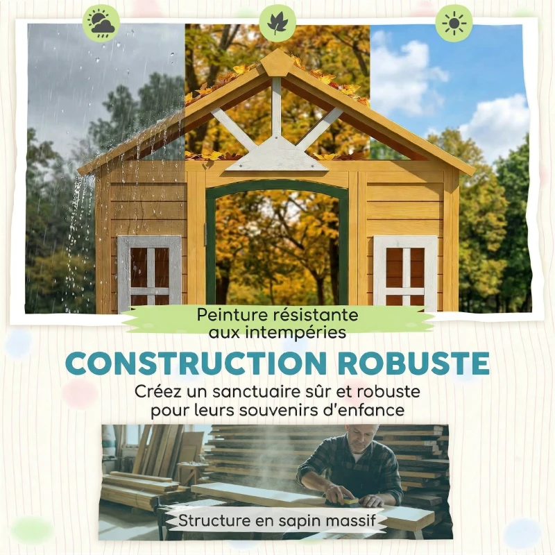 AIYAPLAY Cabane enfant extérieur en bois, maison enfant extérieure avec porte, fenêtres, 2 bacs à fleurs, 134,5x97x150cm, marron