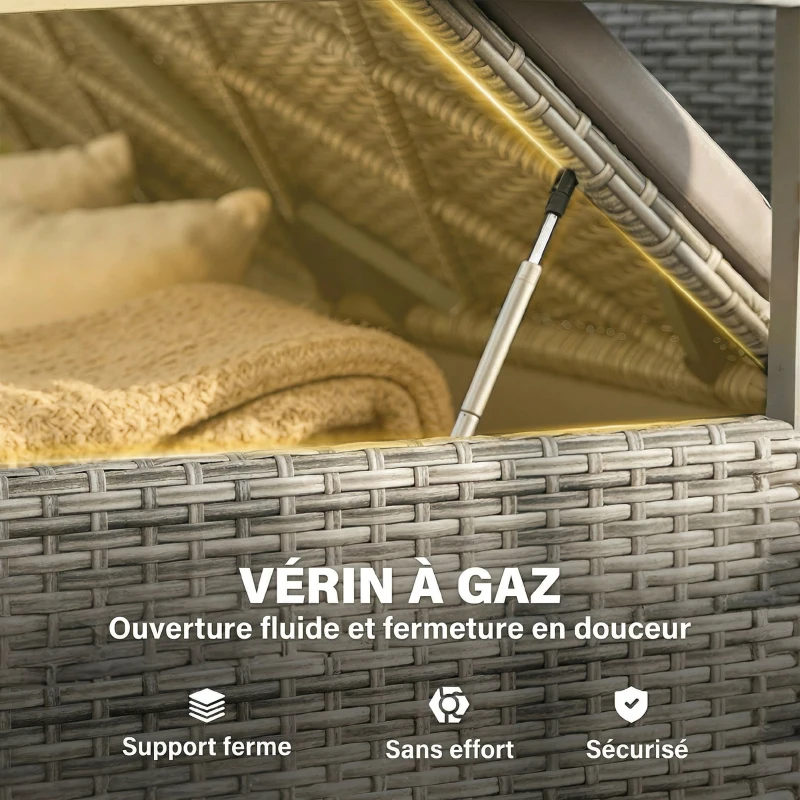 Outsunny Banc de Jardin Banquette avec Coffre de Rangement 170L 2 Places Coussin Déhoussable Résine Tressée 120x60x84cm Gris