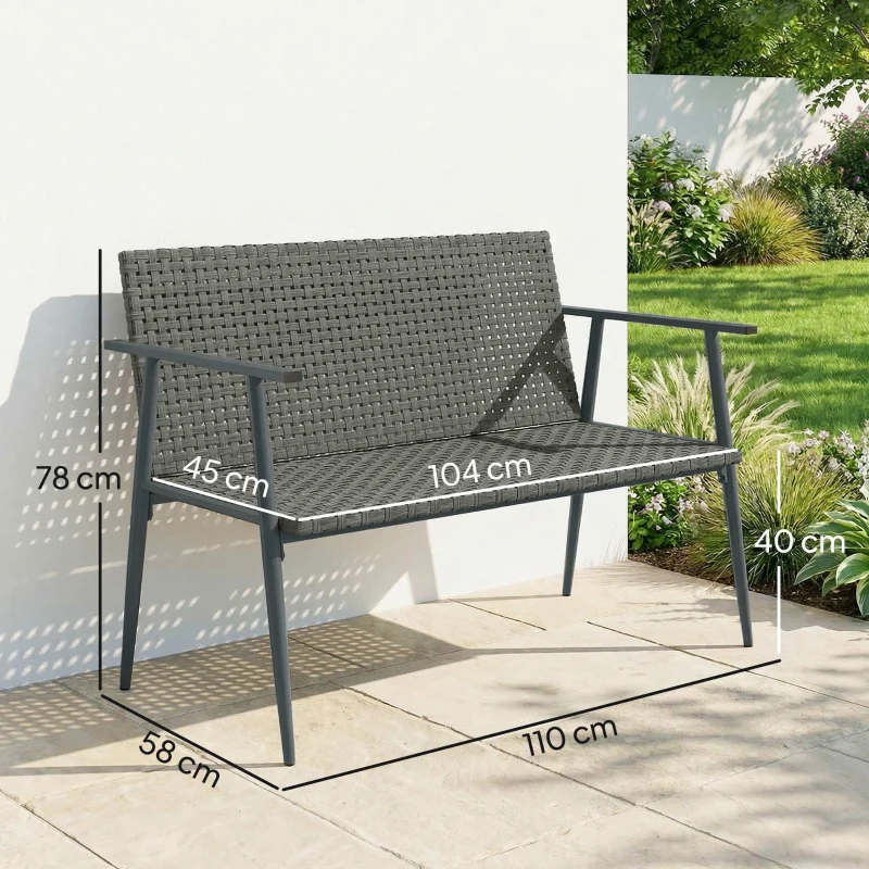Outsunny Banc de Jardin 2 places en Résine Tressée et Acier, avec Accoudoirs, Dossiers et Pieds Réglables, 110x58x78cm, Gris