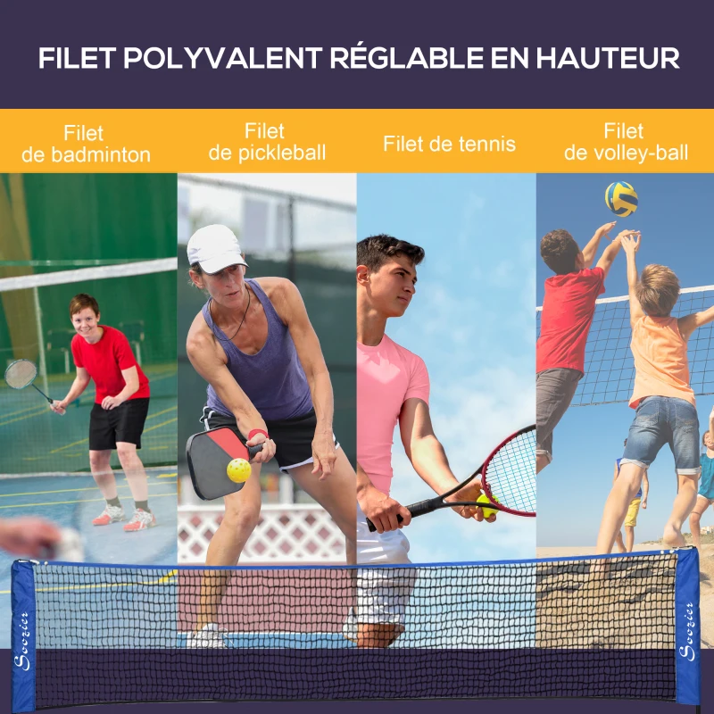 SPORTNOW Filet de badminton, filet portable, hauteur ajustable 107-155 cm, avec sac de transport, cadre métallique, noir, bleu