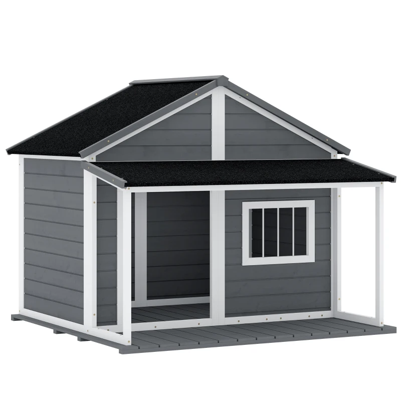 PawHut Niche pour Chien Extérieur avec Terrasse et Toit Bitumé Bois 124 x 112 x 105 cm Gris