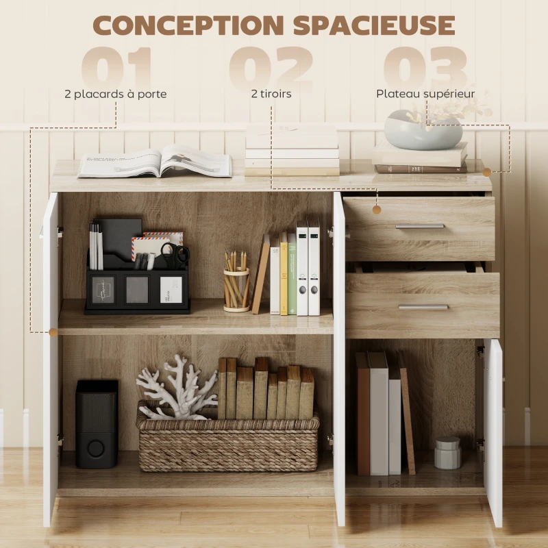HOMCOM Buffet salon, meuble de rangement avec 2 tiroirs, 3 portes et étagère réglable, 106 x 35 x 76 cm, blanc et bois naturel
