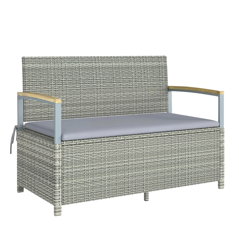 Outsunny Banc de Jardin Banquette avec Coffre de Rangement 170L 2 Places Coussin Déhoussable Résine Tressée 120x60x84cm Gris