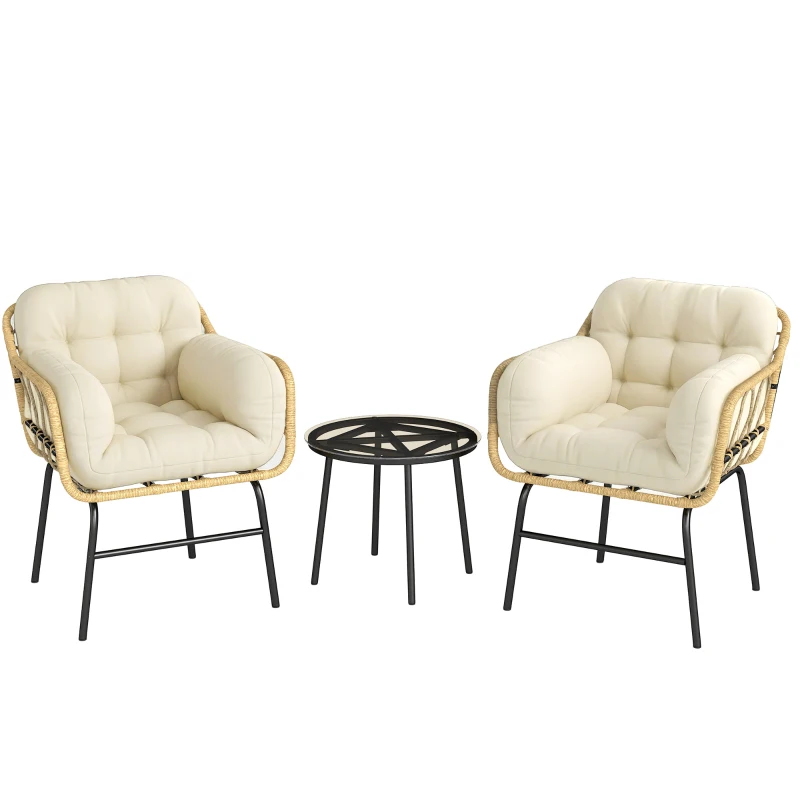 Outsunny 3‑teiliges Gartenmöbel-Set aus Polyrattan, Tisch aus Sicherheitsglas, 2 Sessel mit Kissen, 62x73x79 cm, Khaki