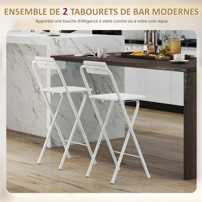 HOMCOM Lot de 2 tabourets de bar pliables avec dossier et repose-pieds, cadre en acier, 87 cm de haut, blanc