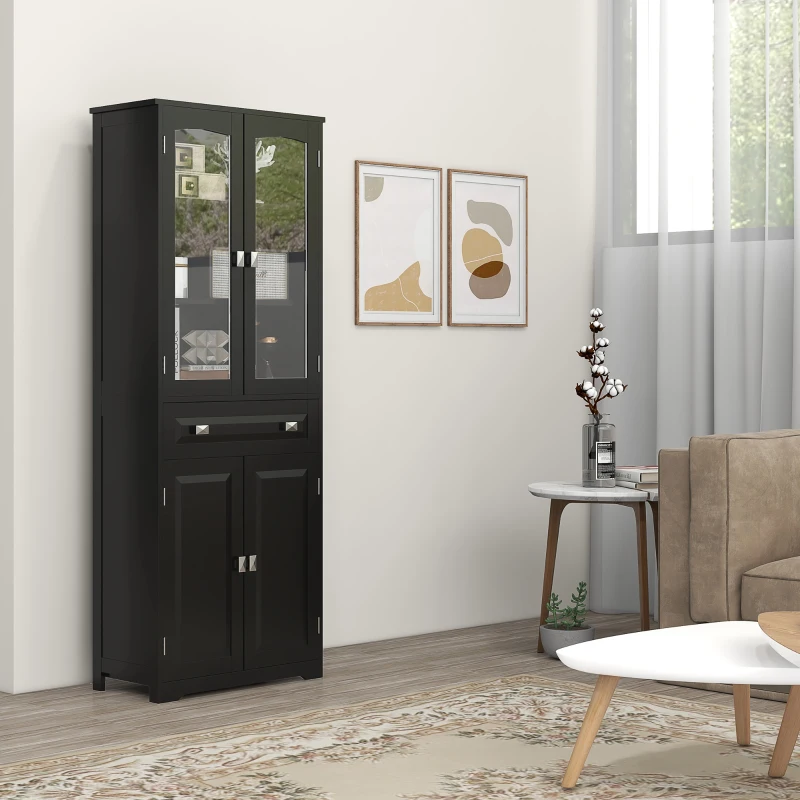 HOMCOM Buffet haut armoire de cuisine 4 portes dont 2 portes vitrées et 1 tiroir hauteur 160 cm avec étagères en bois noir