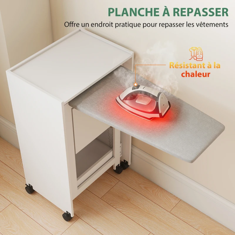 HOMCOM Meuble à repasser, table à repasser pliante sur roulettes avec portes par pression, charnières à fermeture douce, blanc