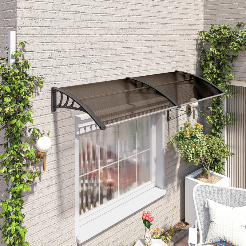 Outsunny Auvent de porte d'entrée, toit marquise de porte exterieur en polycarbonate et profil aluminium résistante toit abri protection contre la pluie et UV pour terrasse, balcon, 195x75cm, marron