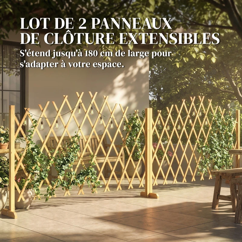 Outsunny Lot de 2 Barrieres Extensibles en Bois de Sapin, pour Intérieur Extérieur Balcon Jardin, 180x30x103cm, Naturel