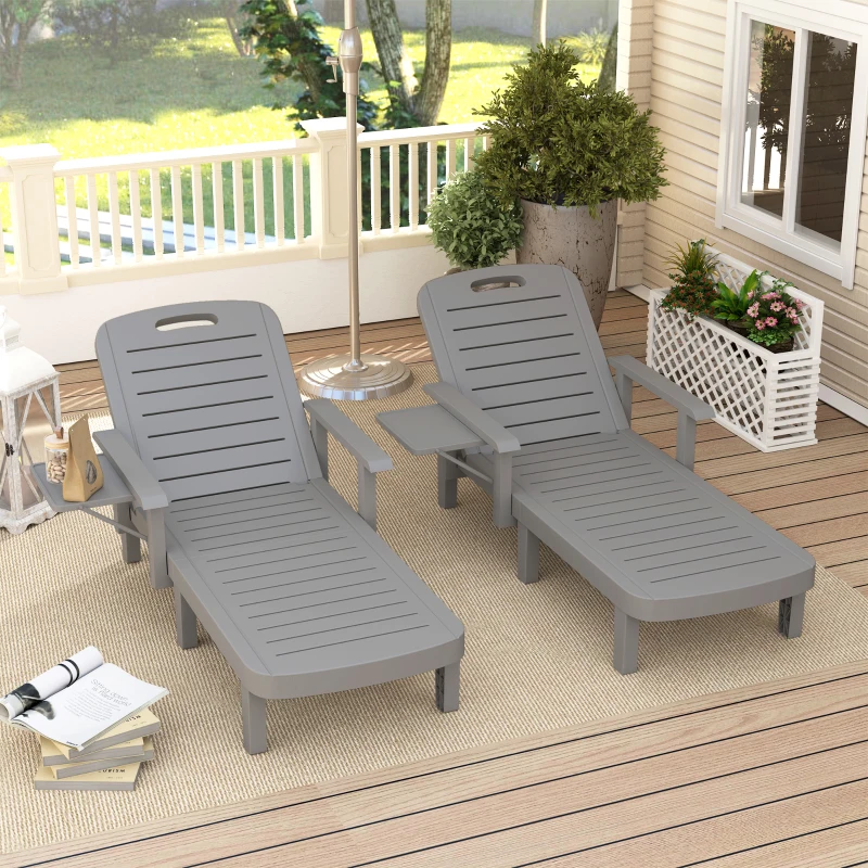 Outsunny Lot de 2 bains de soleil, chaise longue avec dossier inclinable et tablettes pliables, 79x158x88cm, gris foncé
