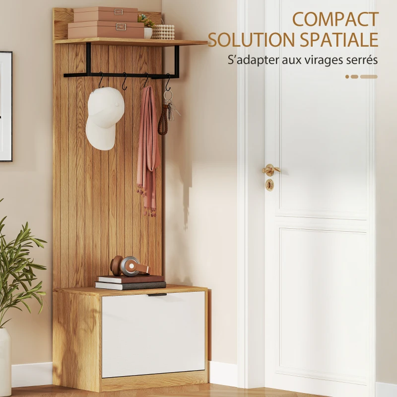 HOMCOM Meuble d'entrée 5 en 1, vestiaire d'entrée, banc à chaussures rabattable, étagère et 4 crochets, 60x30x170cm, chêne