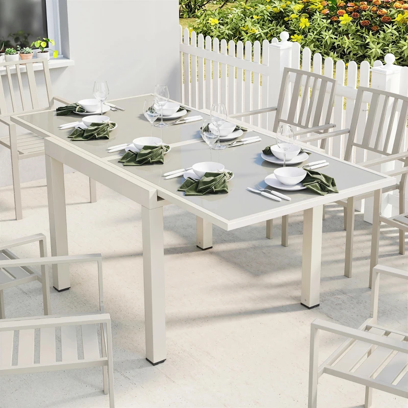 Outsunny Masă Extensibilă din Aluminiu pentru Exterior, Blat din Sticlă Temperată, Crem.