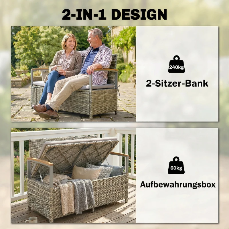 Outsunny Gartenbank Polyrattan 170L 2-Sitzer Sitzbank mit Stauraum abnehmbar Kissen Reißverschluss-Innenauskleidung Holz-Armlehne