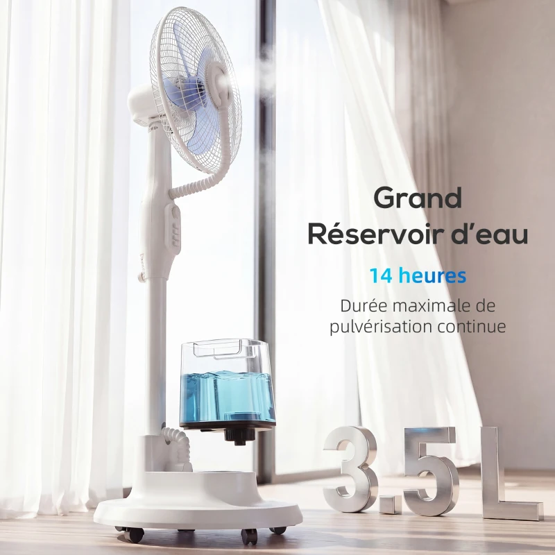 HOMCOM Ventilateur brumisateur 90W, ventilateur sur pied 128cm avec oscillation à 70°, 3 vitesses, réservoir d'eau 3,5L, blanc
