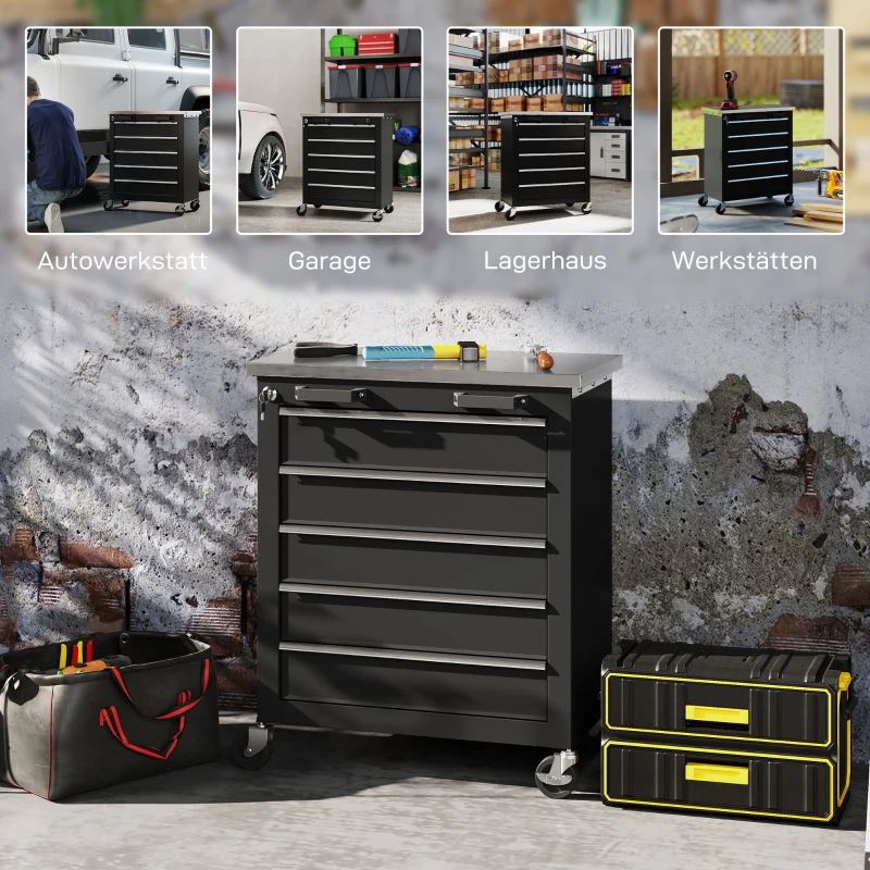 HOMCOM Werkzeugschrank mit 5 Schubladen, rollbare Werkzeugkiste, Werkzeugwagen aus Stahl, Silberton+Schwarz