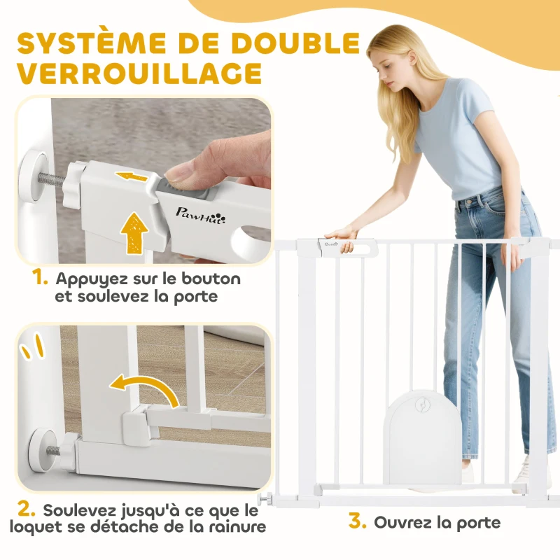 PawHut Barrière de sécurité animaux avec porte fermeture automatique système de double verrouillage, acier blanc
