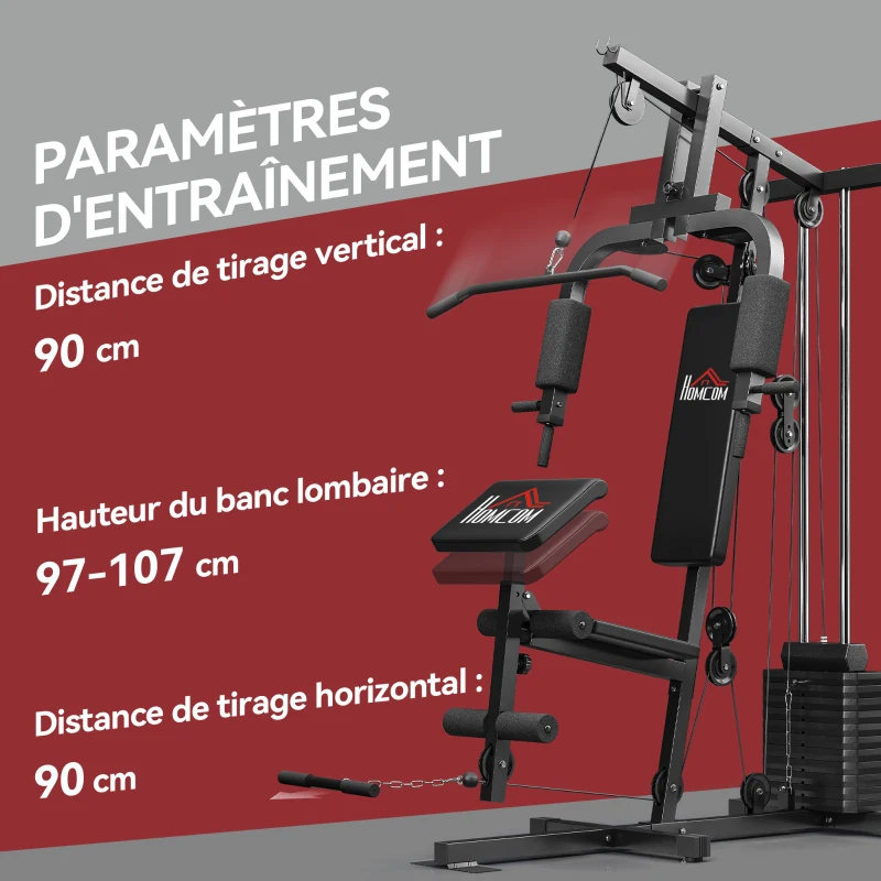 HOMCOM Station de Musculation Multifonction avec Stack de 65 kg, Double Poulie, Noir