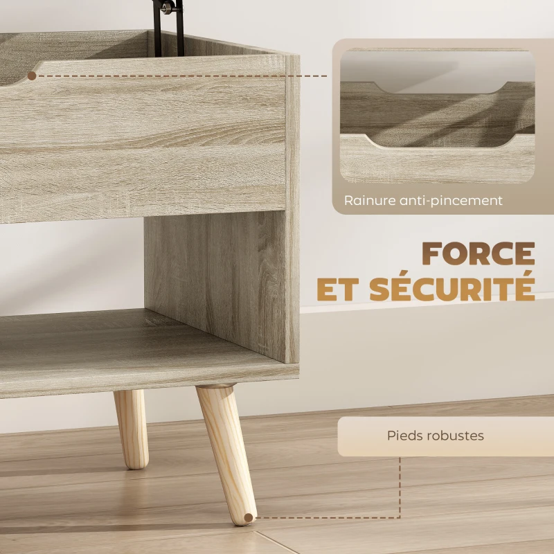 HOMCOM Table basse relevable, table de salon avec compartiment caché et étagères ouvertes, 75 x 40 x 58 cm, bois naturel