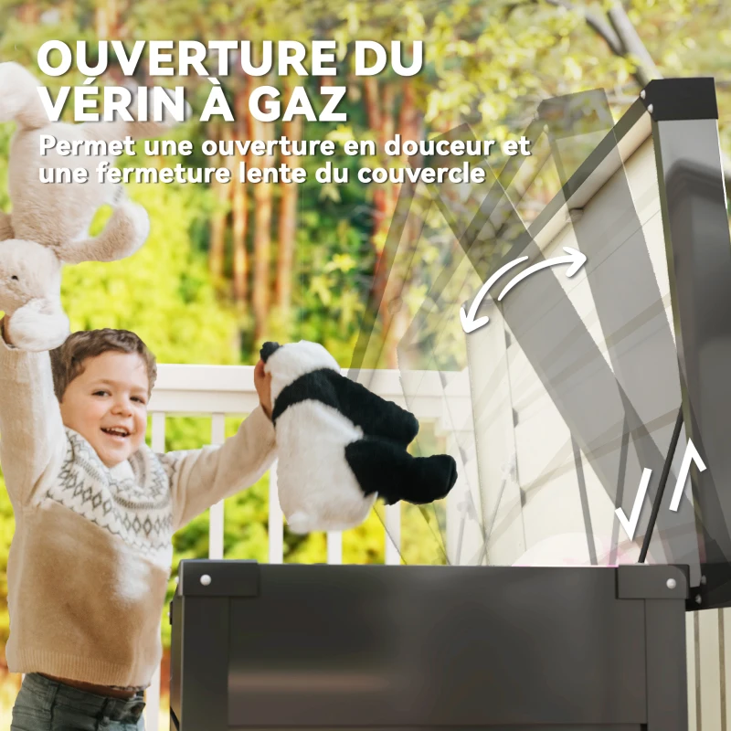 Outsunny Coffre de rangement métal boîte de jardin 350L double vérins à gaz  verrouillable pour coussins outils gris anthracite