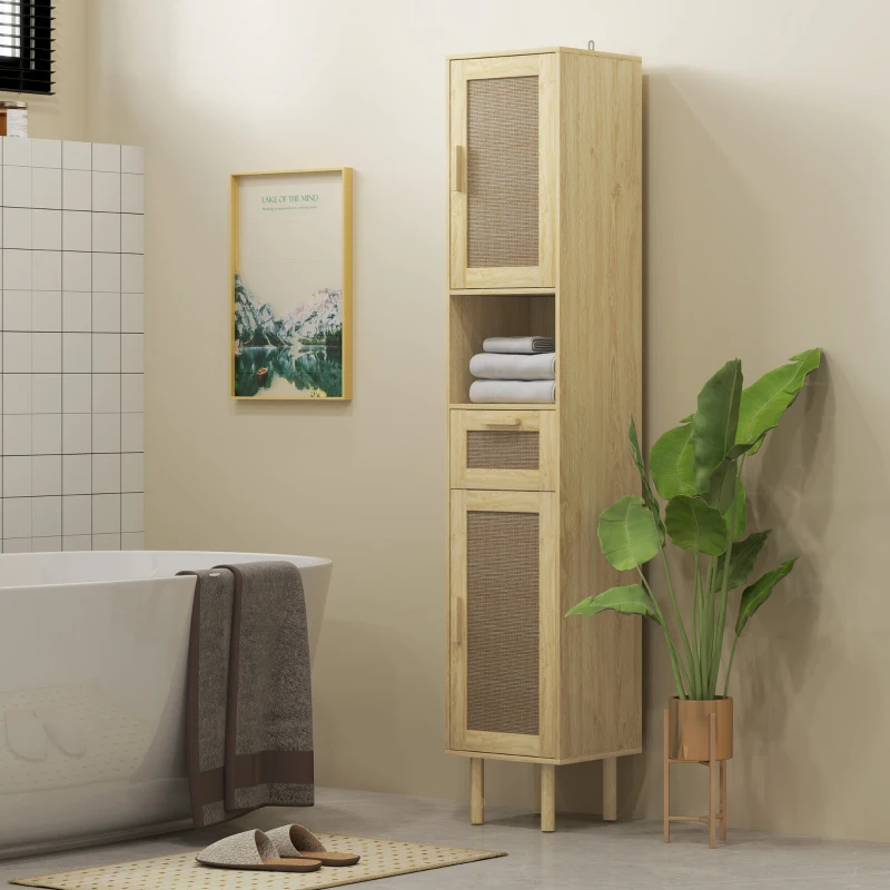 HOMCOM Meuble salle de bain colonne rangement salle de bain avec portes en rotin tiroir 2 placards 32 x 30 x 170 cm chêne