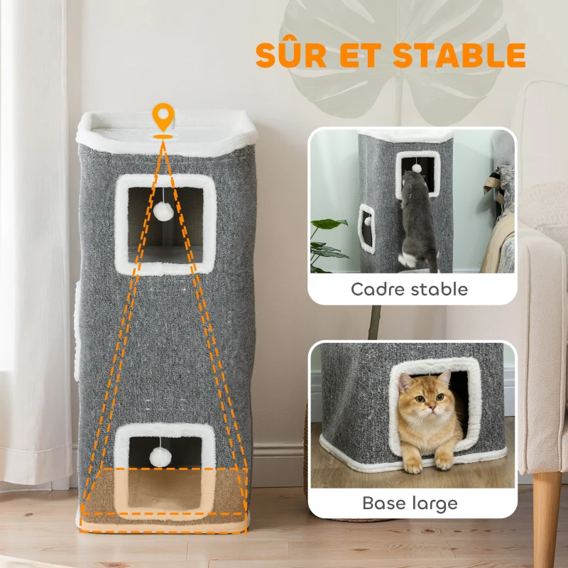 PawHut Tour pour chat 4 niveaux, arbre à chat stable boules de jeu plateforme supérieure bord en peluche, 41x 41 x 100 cm, gris