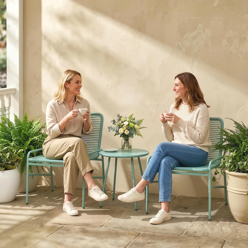 Outsunny Salon de Jardin Extérieur 3 Pièces en Résine Tressée et Acier, Table de Jardin Ronde avec 2 Chaises, 58x67x75cm, Vert