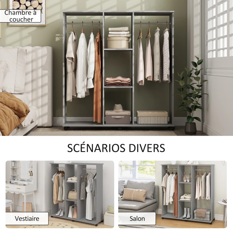 HOMCOM Armoire penderie meuble de rangement mobile 6 roulettes 120 x 40 x 128 cm en bois gris