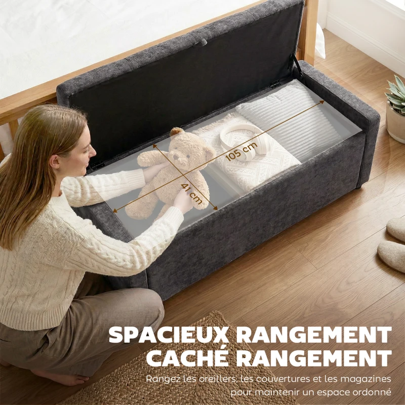 HOMCOM Banc de rangement, bout de lit, repose-pieds rembourré en lin avec assise large, 122 x 48 x 44 cm, gris foncé