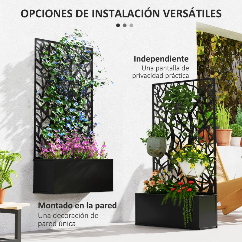 Outsunny Jardinera Elevada con Panel de Privacidad de Ramas Decorativas de Metal y Opción de Montaje en Pared 61x23x113 cm Negro