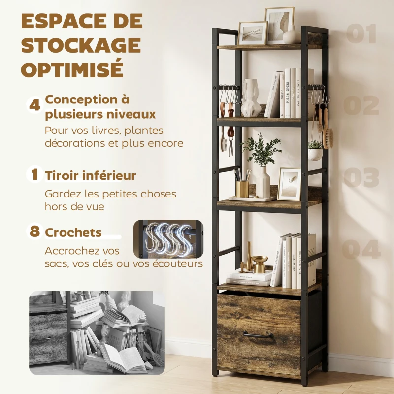HOMCOM Bibliothèque à 4 niveaux, étagère de rangement étroite avec tiroir, 8 crochets, , 39 x 26 x 136,5 cm, brun rustique