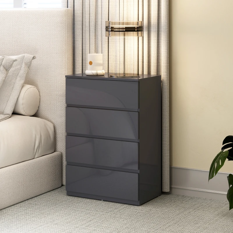 HOMCOM Commode 4 tiroirs, meuble de rangement à haute brillance, fermeture douce et silencieuse, 55 x 34 x 80 cm, gris