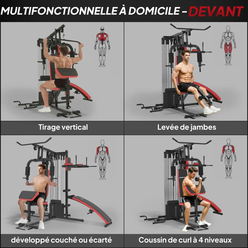 SPORTNOW Station Multi Gym avec Poids de 65 kg, Équipement de Musculation avec Banc pour Abdominaux, Noir et Rouge