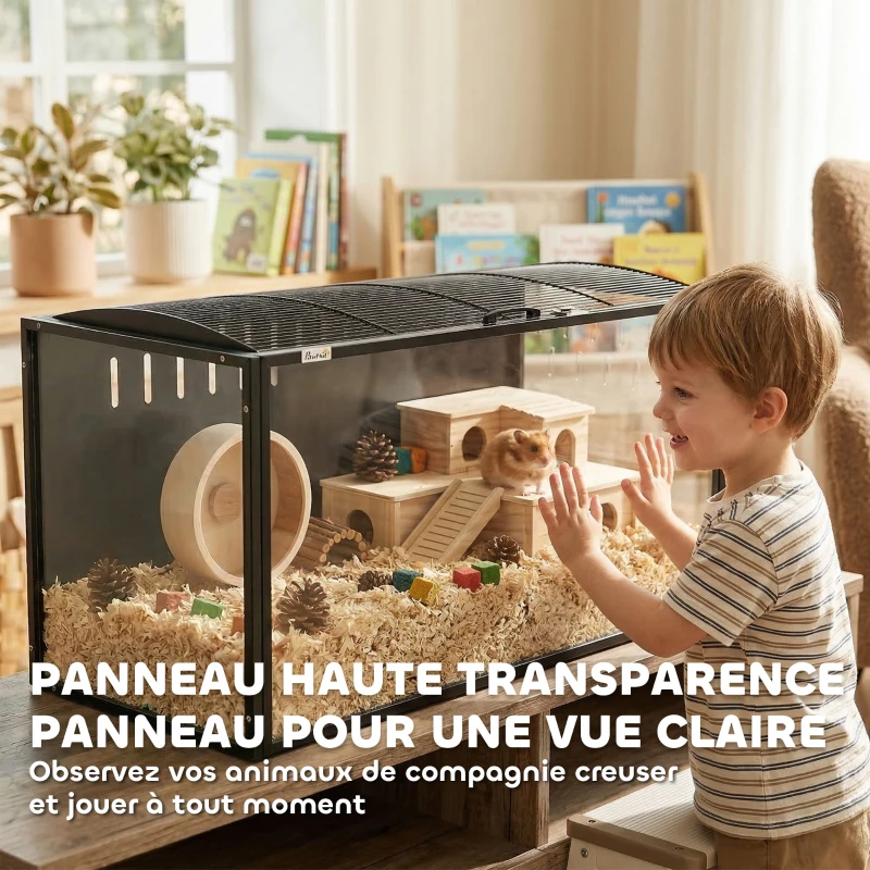 PawHut Cage à Hamster Géante Habitat pour Rongeur en Acier et Acrylique Transparent Vue Panoramique 105 x 51 x 53 cm Noir