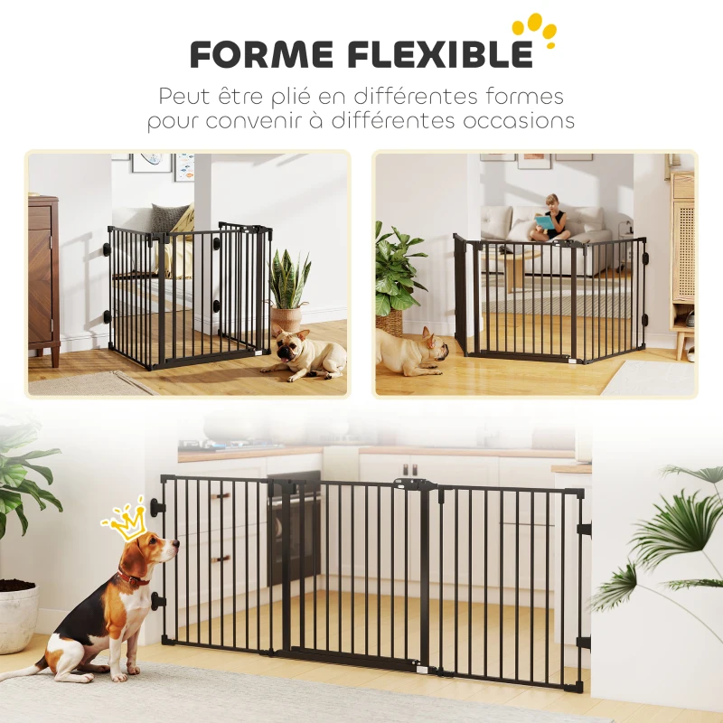 PawHut Barriere de securite chien pliable avec porte en acier 3 panneaux modulable fermeture automatique 202,5 x 2 x 76 cm noir