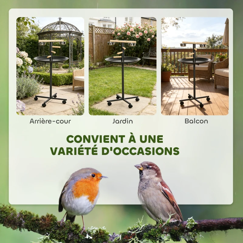 PawHut Perchoir perroquet mangeoire à oiseaux sur pied 4 roulettes, 2 mangeoires en acier inoxydable, Ø 60 x 111 cm, gris