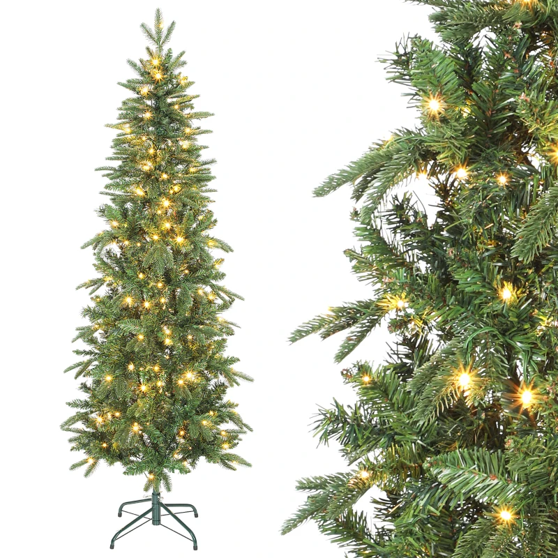HOMCOM Sapin de Noël artificiel 180 cm, arbre de Noël slim avec 200 lumières 8 modes d'éclairage 605 branches articulées, vert