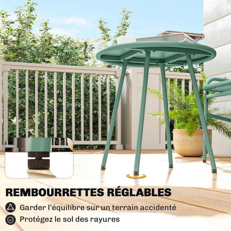 Outsunny Salon de Jardin Extérieur 3 Pièces en Résine Tressée et Acier, Table de Jardin Ronde avec 2 Chaises, 58x67x75cm, Vert