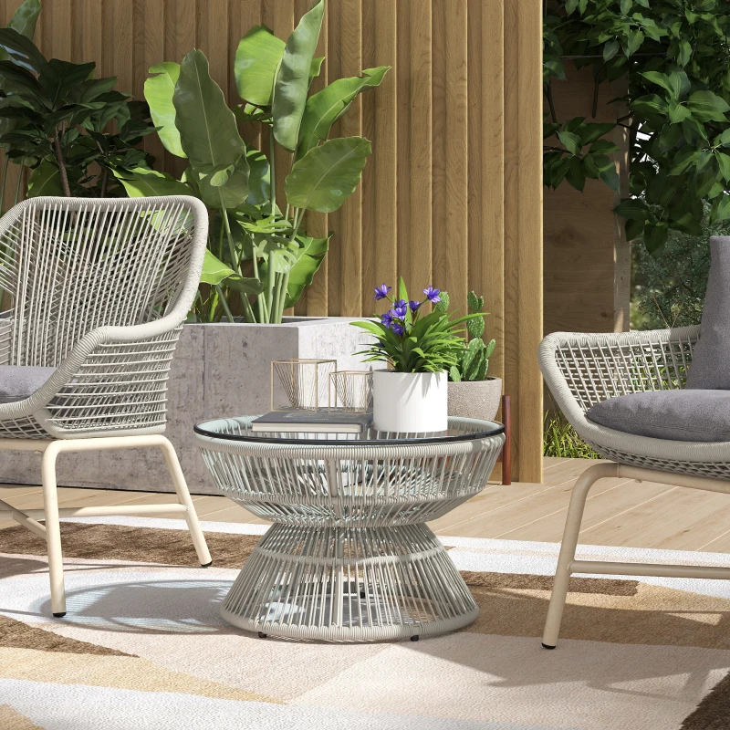 Outsunny Table basse de jardin ronde, table d'appoint en résine aspect rotin et plateau verre trempé Ø 60 x 37H cm