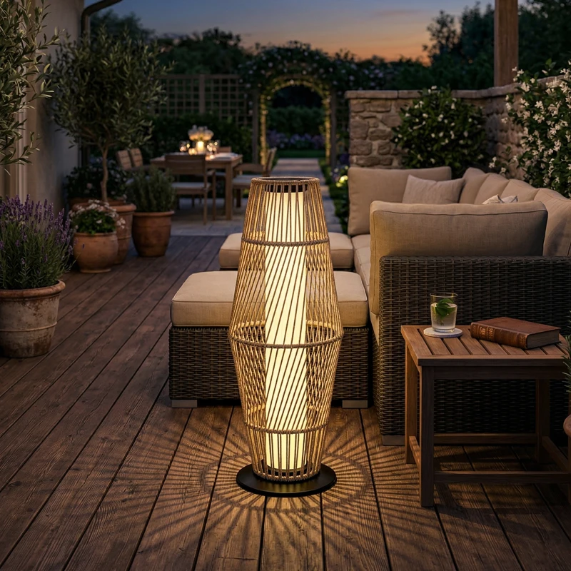 Outsunny Lanterna Solar Exterior em Resina Trançada com Sensor de Luz, para Jardim Pátio, 26x26x68cm, Areia