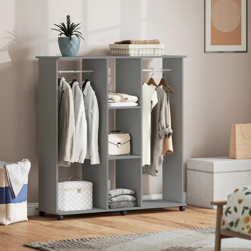 HOMCOM Armoire penderie meuble de rangement mobile 6 roulettes 120 x 40 x 128 cm en bois gris