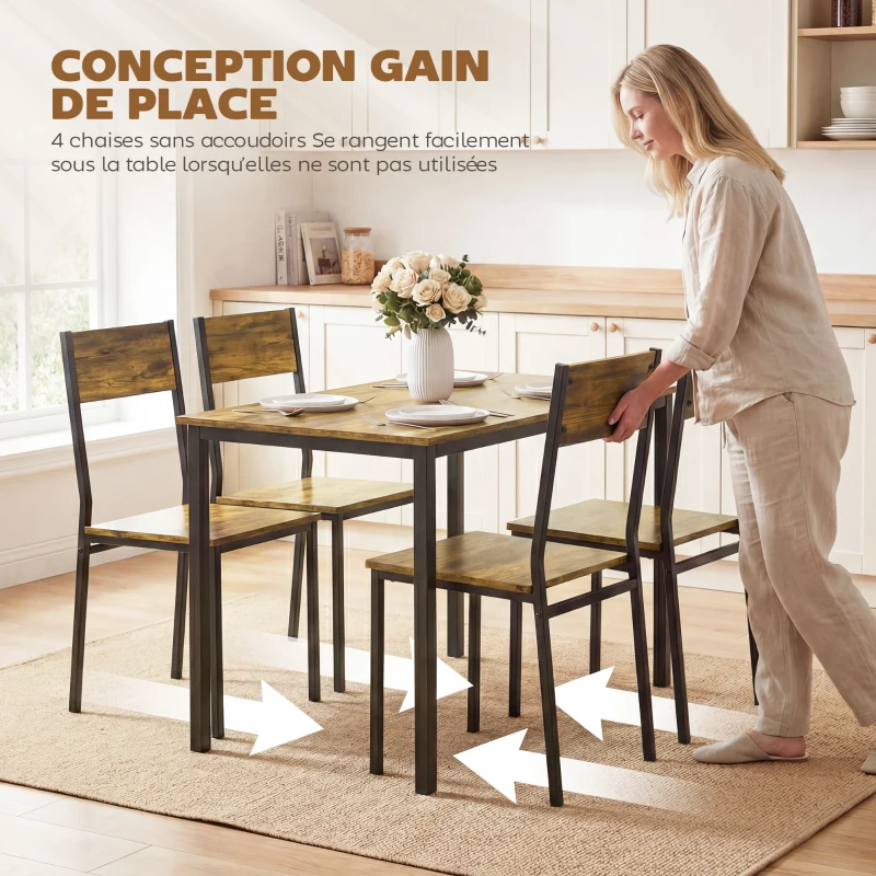 HOMCOM Ensemble table salle à manger avec 4 chaises, table de cuisine avec chaises 4 personnes, pieds en métal, brun rustique