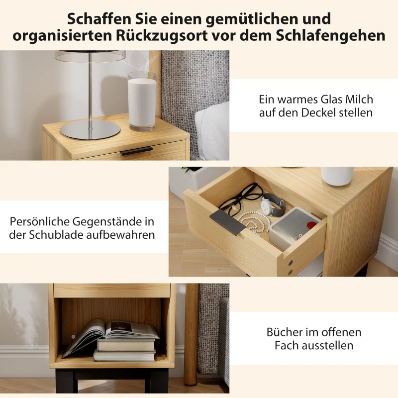 HOMCOM Nachttisch, Nachtschrank mit Schublade, offenes Fach, Nachtkommode für Schlafzimmer, Wohnzimmer, 35 x 26 x 50 cm, Eiche