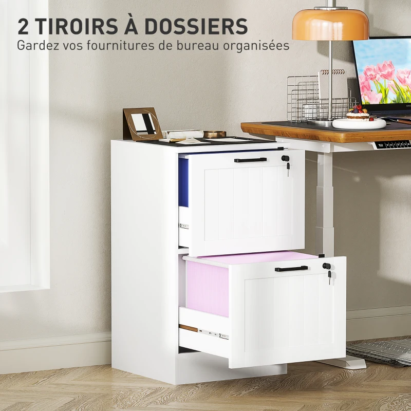 HOMCOM Caisson bureau, meuble rangement bois 2 tiroirs et serrure, barres de suspension réglables, 40 x 40 x 71 cm, blanc