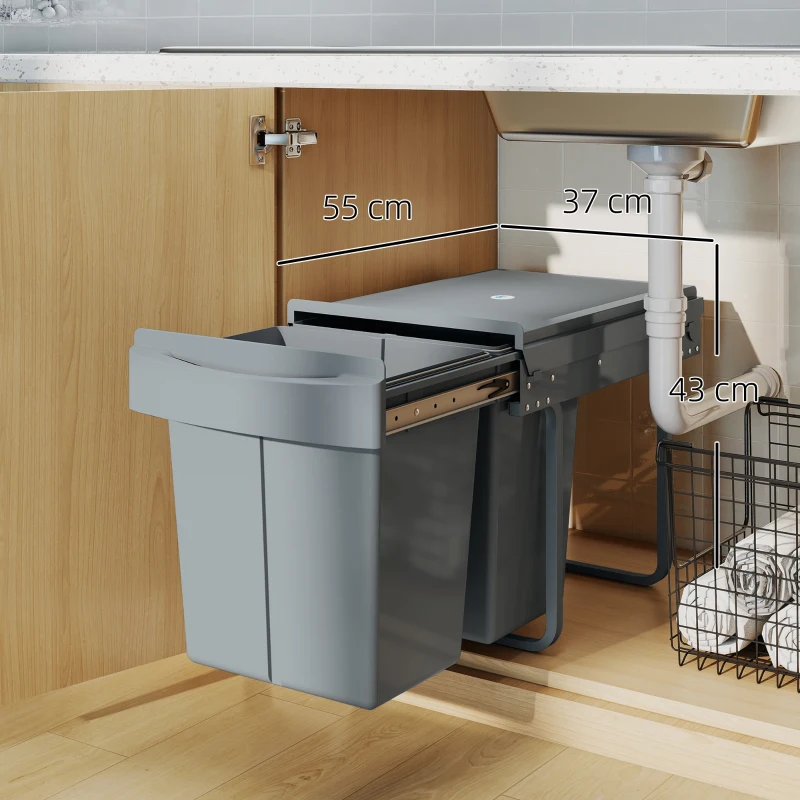 HOMCOM Poubelle cuisine, poubelle sous évier coulissante encastrable avec 2 x 20 L compartiments amovibles, 52x33,5x41cm, gris