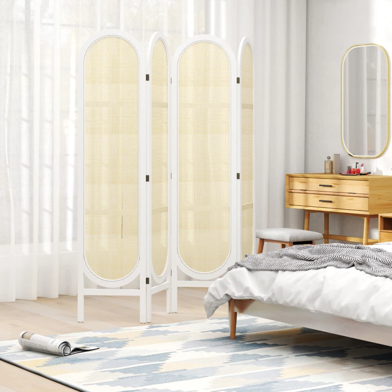 HOMCOM Paravent interieur en bois 4 panneaux 170 x 160 cm pliable et portable, motif tissé à la main, blanc