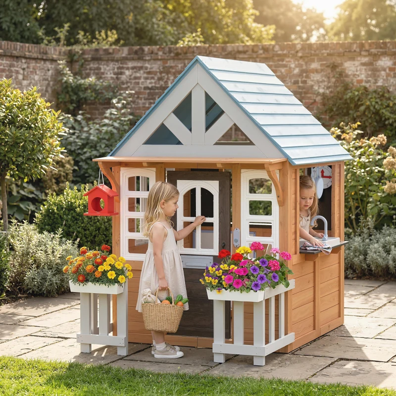 AIYAPLAY Außen-Spielhaus aus Holz, Kinderhaus außen/innen mit Katzenklappe, Spielküche, braun