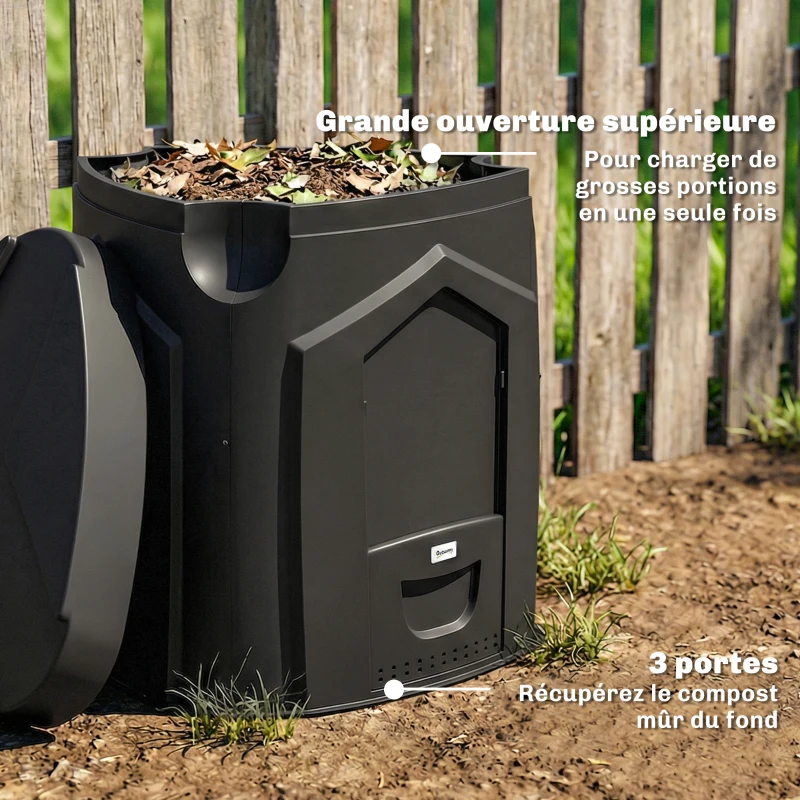 Outsunny Composteur de jardin, 240L, bac à compost extérieur, en polypropylène, 3 Portes, 66 Aérations, 78 x 75 x 78 cm, Noir