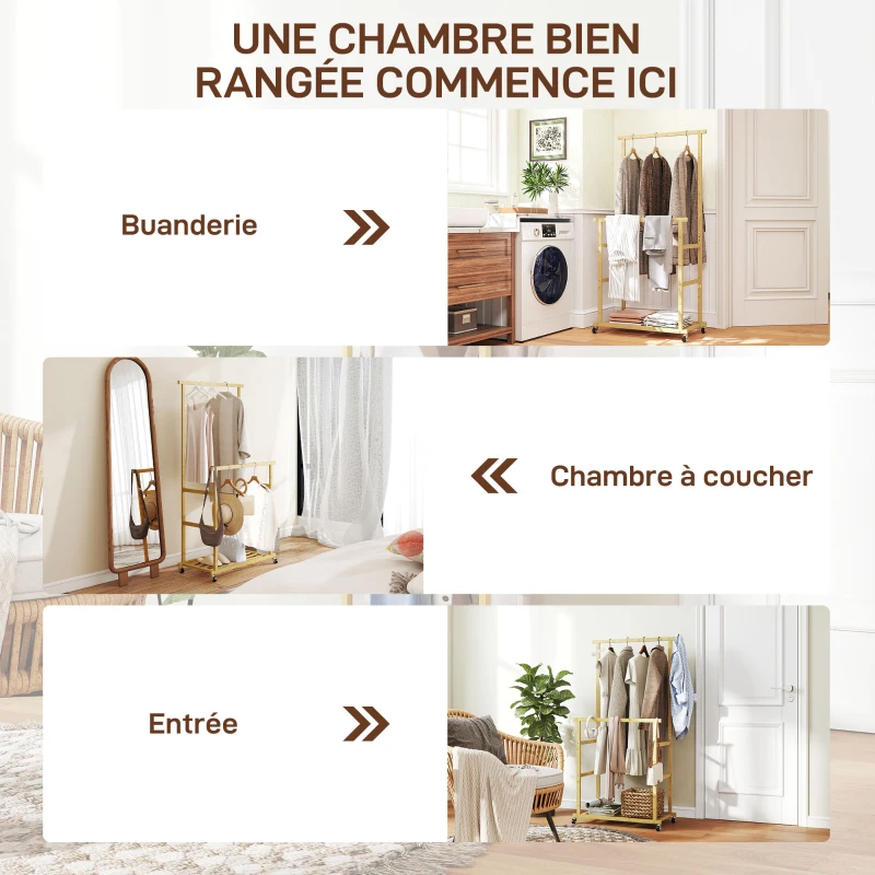 HOMCOM Portant à vêtements à roulettes, porte-manteau double barre en bambou avec étagère inférieure, 80x40x160cm, bois naturel